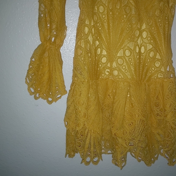 Blueprint Leni M Applique Lace Long Sleeved Mustard Yellow Mini Dress - Picture 9 of 10